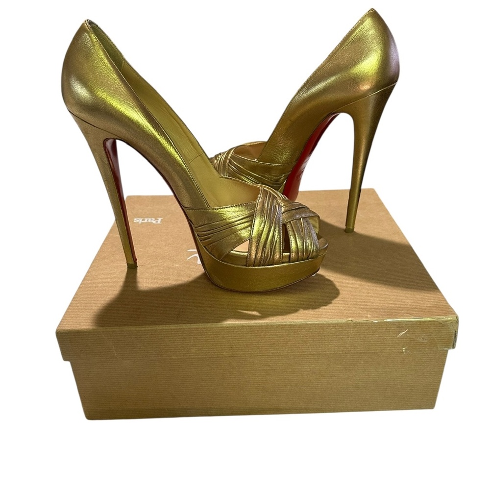Genuine CHRISTIAN LOUBOUTIN Aborina 150 Gold Platform Heels Shoes 40 10 US